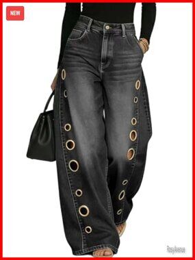 High Waisted Wide Leg Jeans Cut Out Eyelet Denim Pants